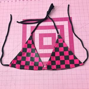 Demon Bikini Handmade Swim Pink Black Checkered String Triangle Bikini Top Large